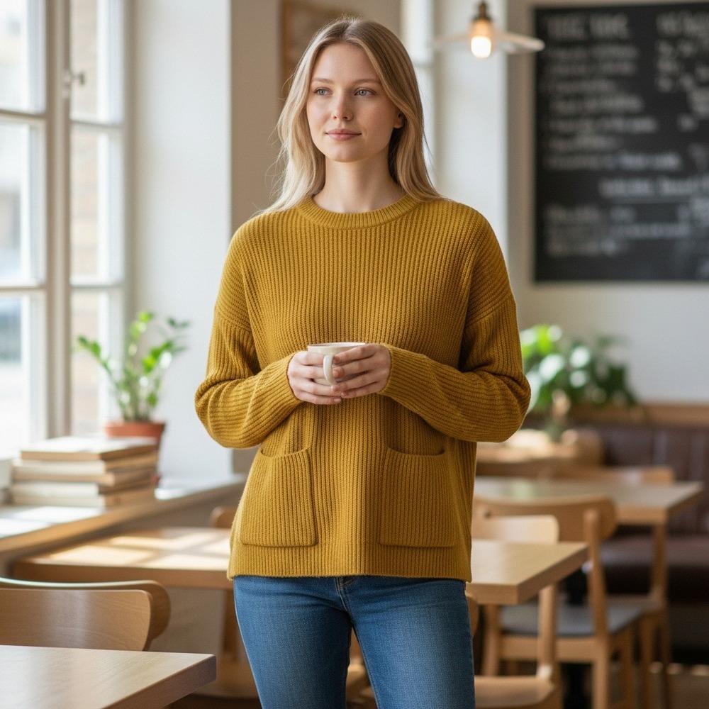 Madewell Sweater‎ Womens XS Pullover Mustard Yellow Ribbed Knit Pockets
